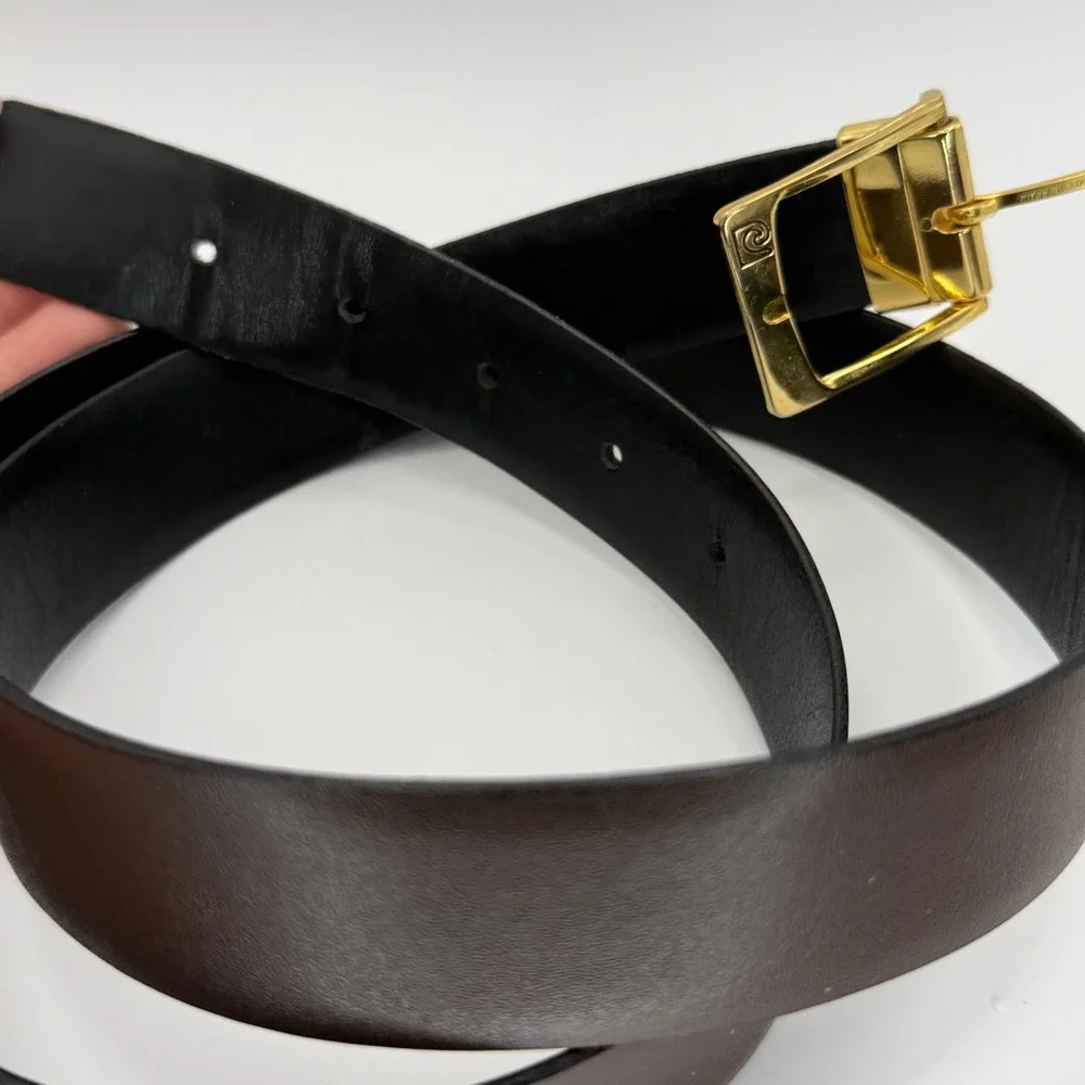 Pierre Cardin Reversible Leather Belt Black Brown Gold Buckle Made in Spain 43in